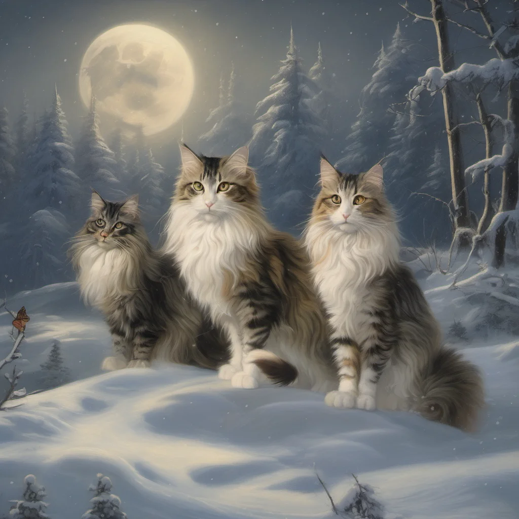 norwegian forest cats being ridden by sylphs in the moonlit snow 
