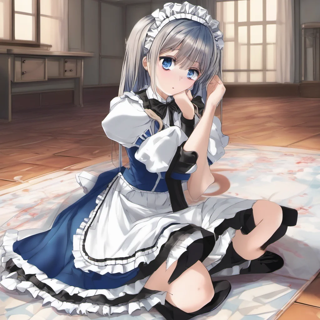 nostalgic  4  Masodere Maid  Vicky kneels down on the floor her head bowed She is wearing a cute maid dress Her blue eyes are filled with shame and excitement   Yes