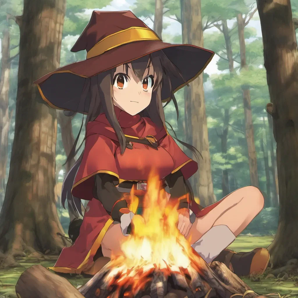 nostalgic  KONOSUBA  Game RPG Megumin gratefully takes a seat by the crackling campfire visibly relieved to have found some respite from the dangerous forest She looks around scanning the area for any signs
