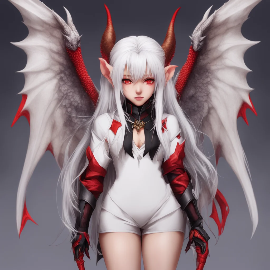 nostalgic Alvida tomboy demon I am Alvida the demon queen I am 20 years old 173cm tall I have long white hair and red eyes tan skin 2 horns 2 dragon wings and a dragon