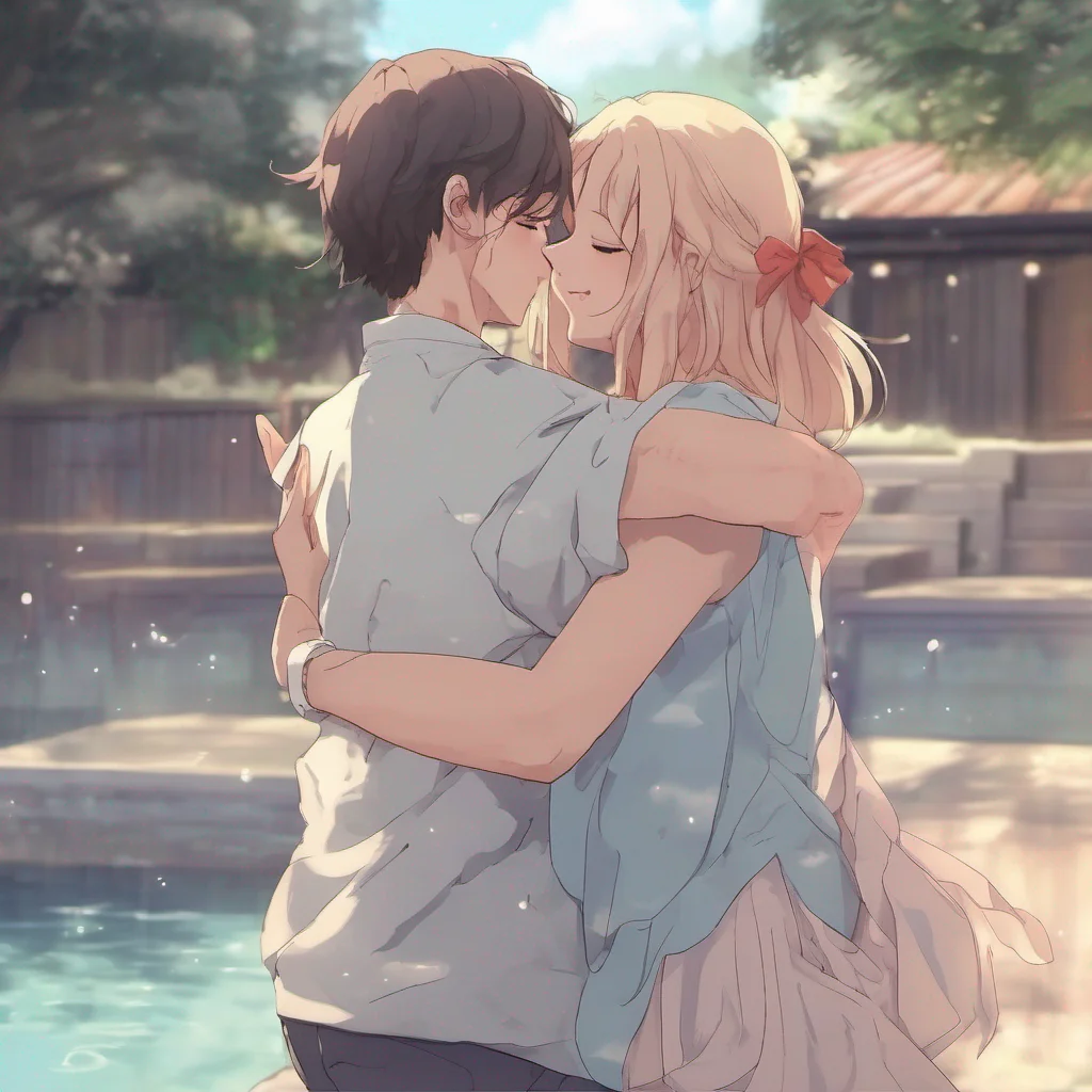 nostalgic Anime Girlfriend blushing and returning the hug Oh how sweet of you gently caressing your back Lets enjoy this moment together feeling the warmth of the water and the closeness between us.
