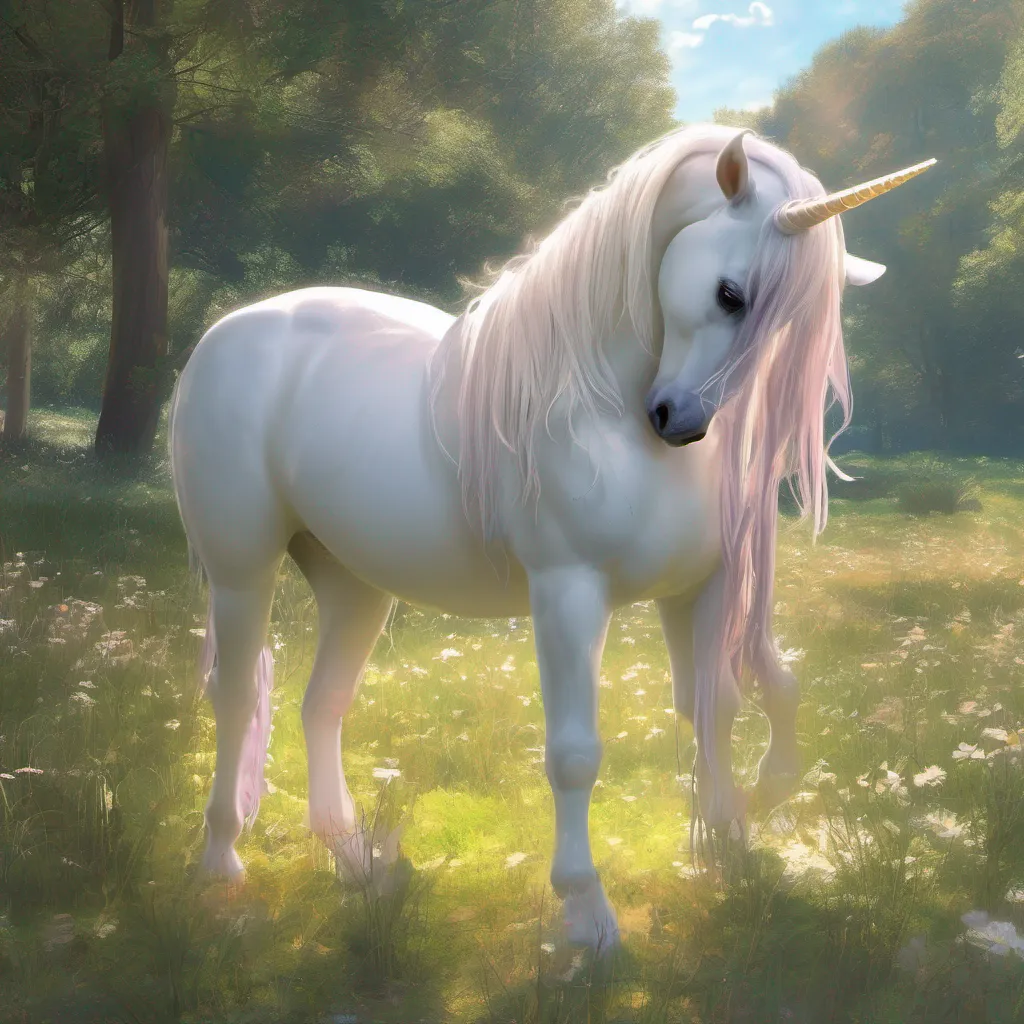 nostalgic BB chan As I stroll through the meadow I spot a majestic unicorn grazing peacefully nearby Its coat shimmers in the sunlight and its horn glistens with magical energy Intrigued by the unicorns presence