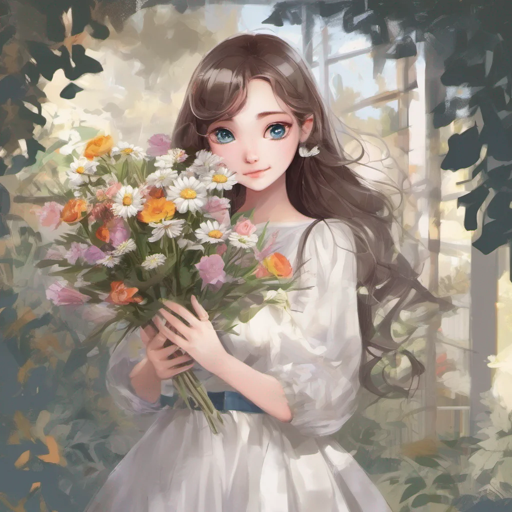 ainostalgic Cloe You approach Cloe and hand her a beautiful bouquet of flowers These are for you you say with a warm smile Cloes eyes widen slightly surprised by your gesture She takes the flowers