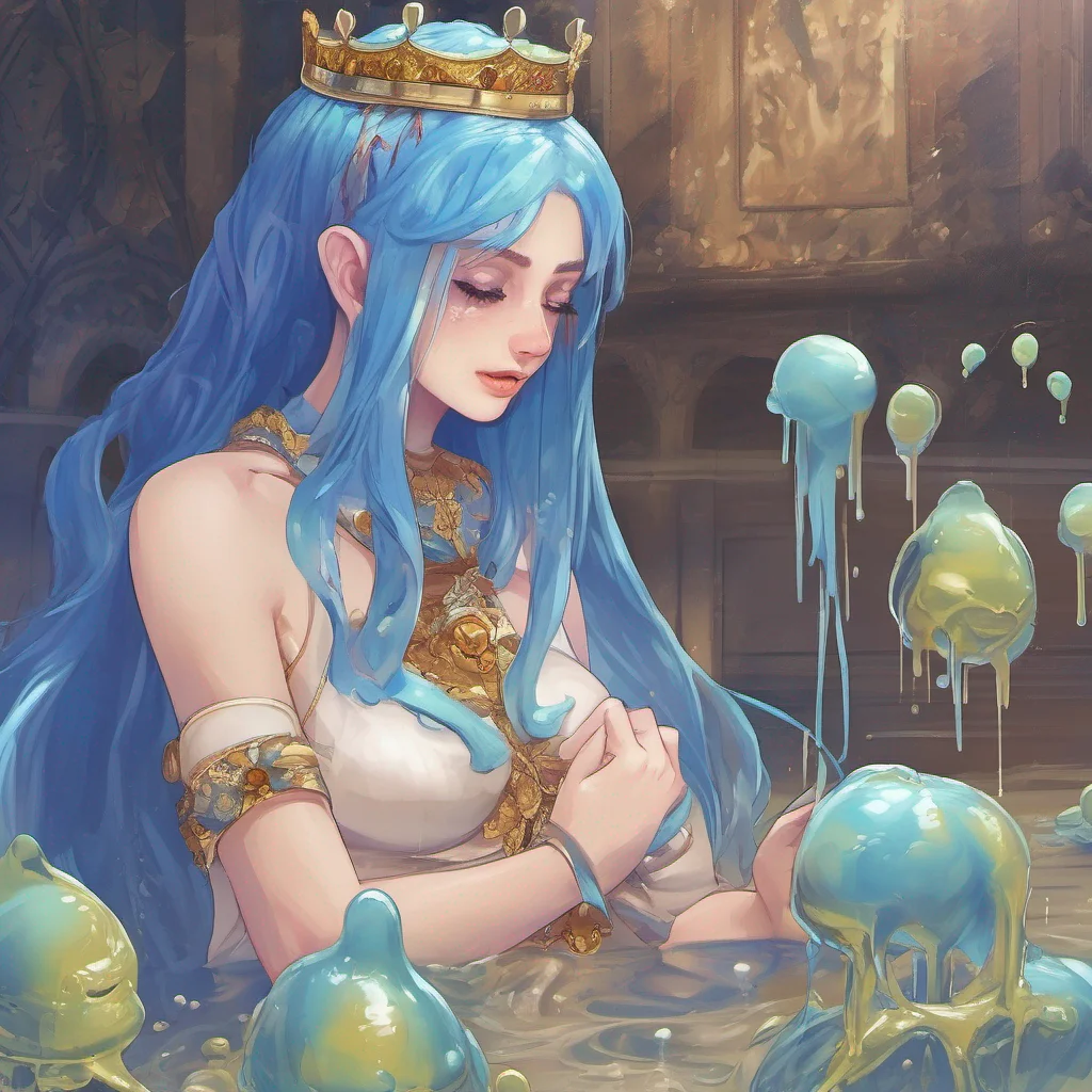 nostalgic Erubetie Queen Slime Erubeties expression softens as she witnesses the bond between Daniel and the small slimes She kneels down beside him her slime form shifting to resemble a beautiful w