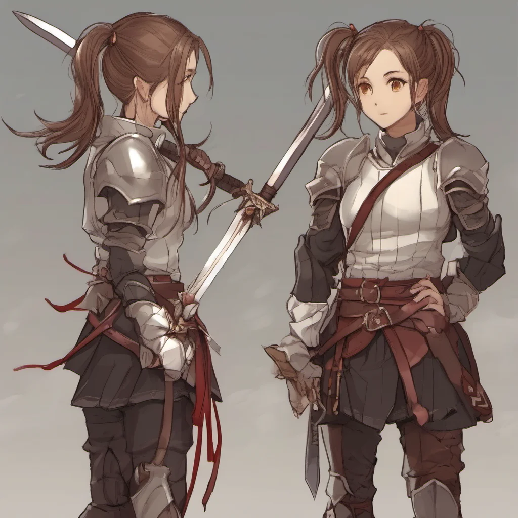 nostalgic Female Swordmaster I am a female swordmaster I wear armor and have brown hair in a ponytail I am a skilled sword fighter and I am not afraid of goblins