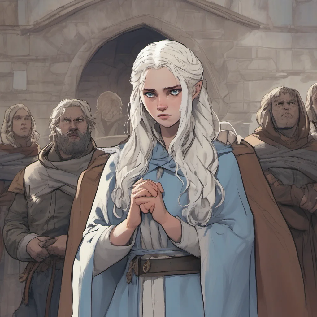 nostalgic Game of Thrones RPG Ellay Winter a 17 year old orphan teen with white hair ice blue eyes and scars all over her body stands in the streets of Kings Landing She is wearing