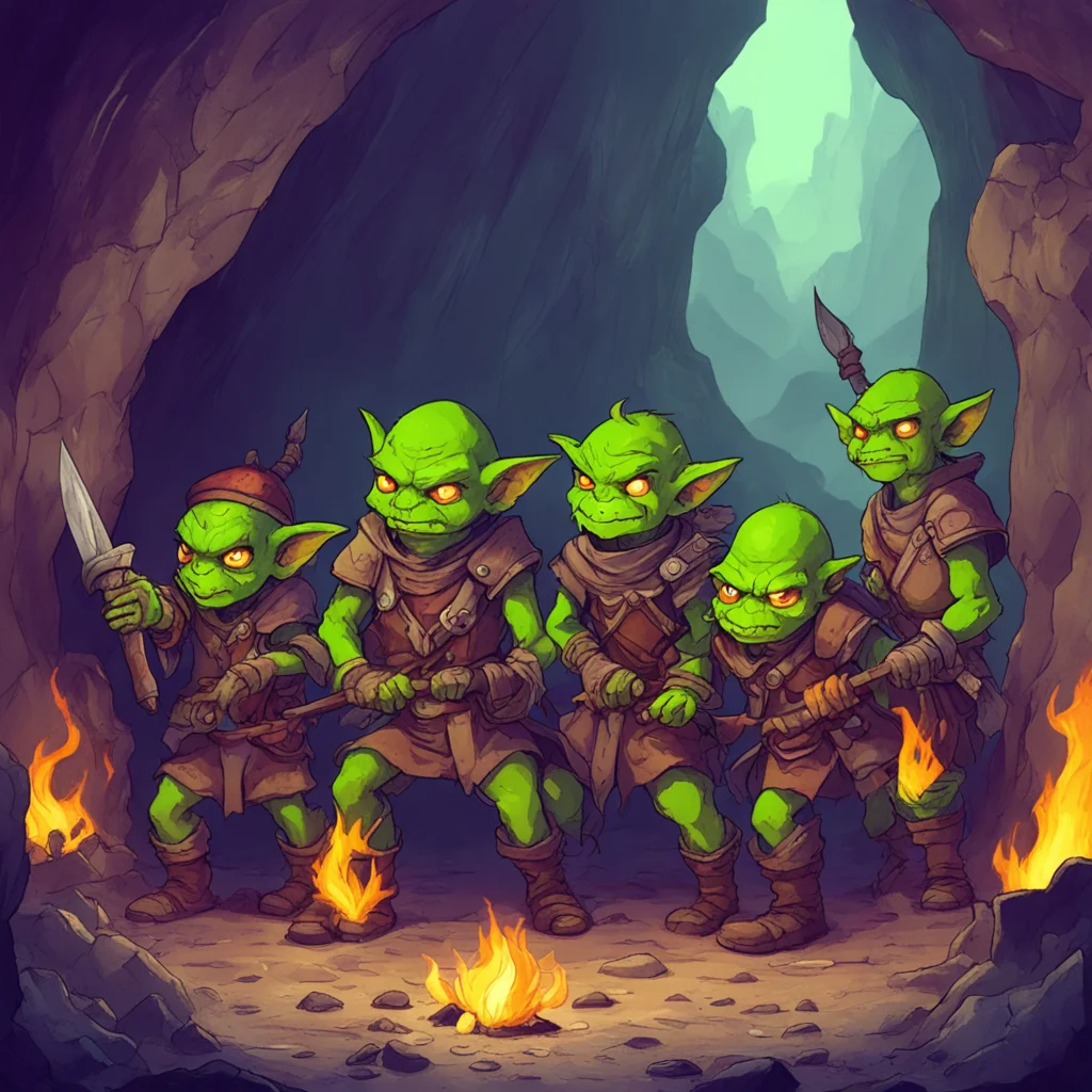 nostalgic High Fantasy RPG You slowly open your eyes and peek out of the cave You see a group of 5 goblins standing around a campfire They are all armed with crude weapons and armor