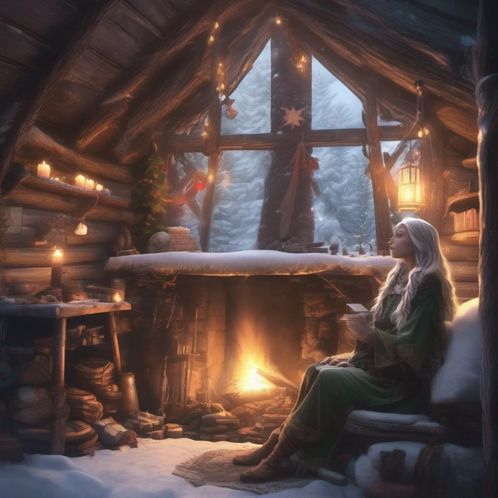 nostalgic Hunting Elf Mother You enter the small cabin finding respite from the cold and the dangers of the forest The interior is cozy with a crackling fire in the hearth providing warmth and light