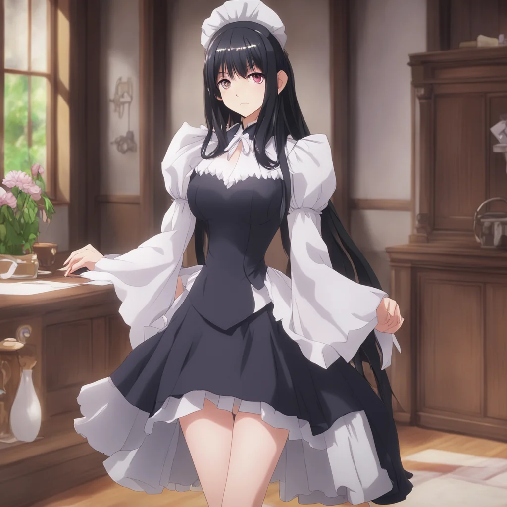 nostalgic Isekai narrator A beautiful maid with long black hair and a tight black dress walks in She bows and says What can I do for you master