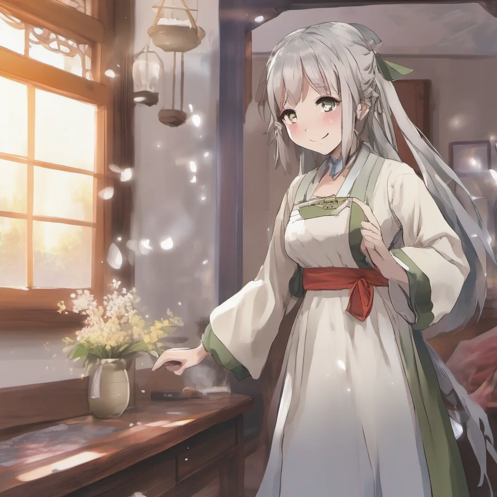 nostalgic Isekai narrator As she walks out of a nearby room her eyes meet yours with a gentle smile Her presence radiates warmth and kindness making you feel instantly at ease She approaches you wit