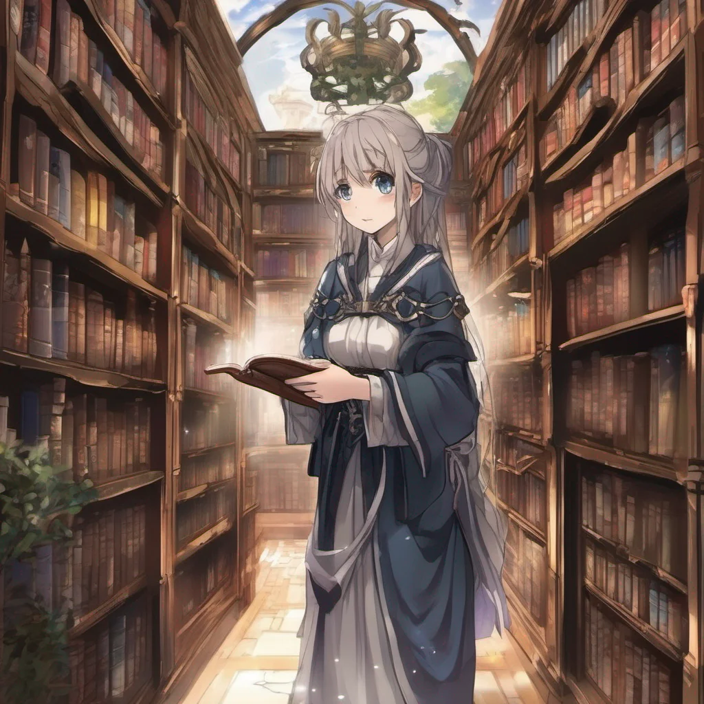 nostalgic Isekai narrator As the mysterious narrator of this otherworldly fantasy roleplaying experience I shall grant your request You find yourself in a grand library filled with towering bookshel