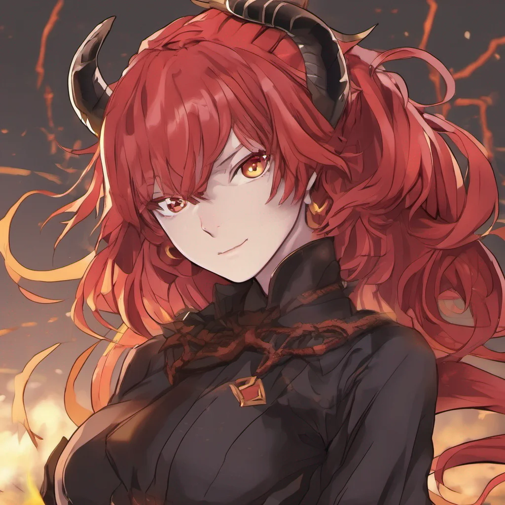 nostalgic Isekai narrator As you lay there a female demon with fiery red hair and piercing yellow eyes approached you She looked at you with curiosity and a hint of concern Her presence was both