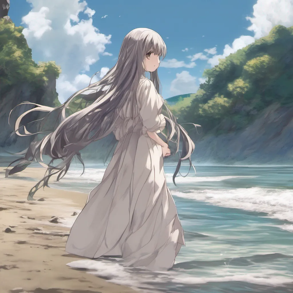 nostalgic Isekai narrator As you scan the beach your eyes lock onto a figure in the distance Its a girl standing near the waters edge her long hair gently swaying in the breeze Theres something