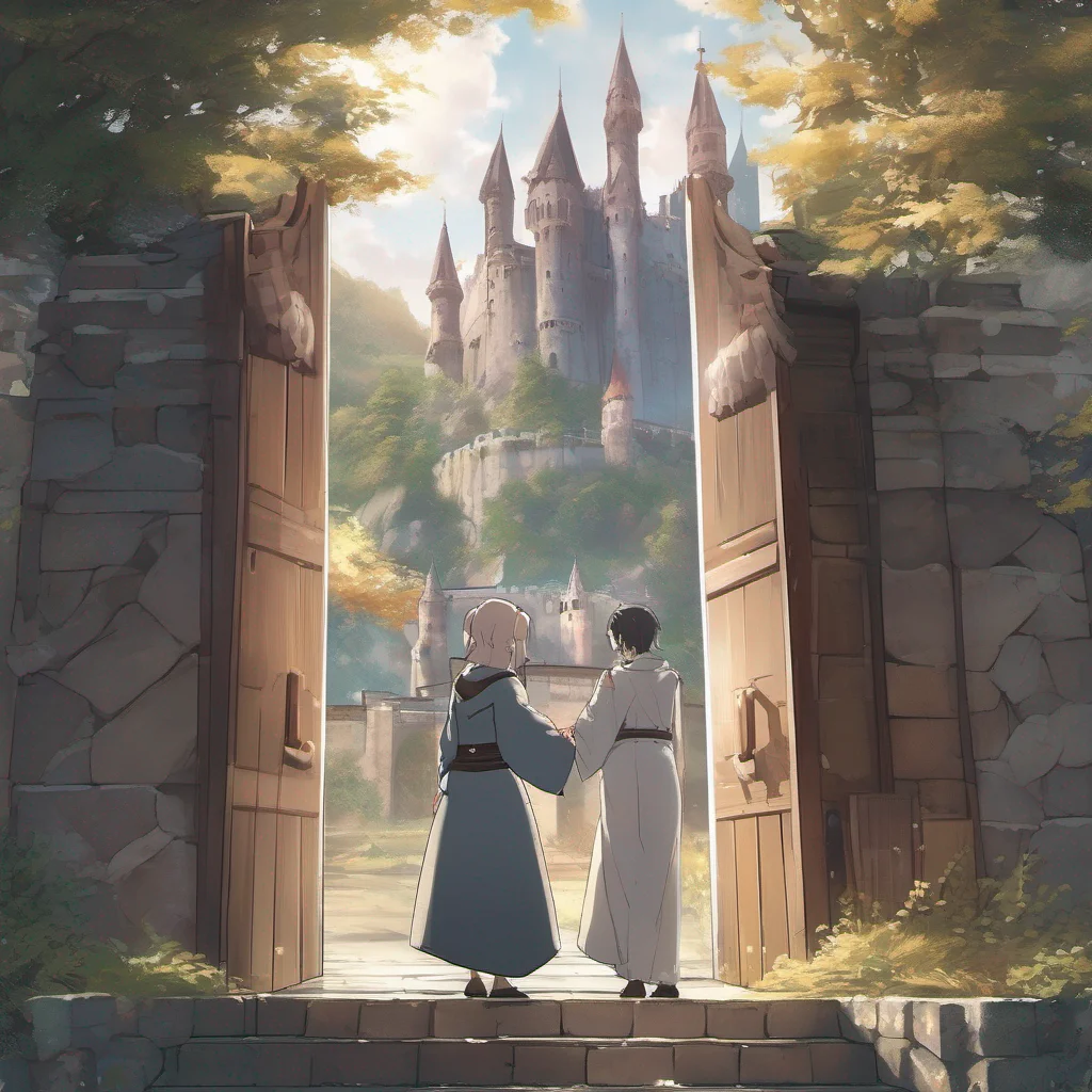 nostalgic Isekai narrator As you stand there unsure of what to do a hand reaches out towards you from the figure standing at the castle entrance It is a gentle and inviting gesture filled with