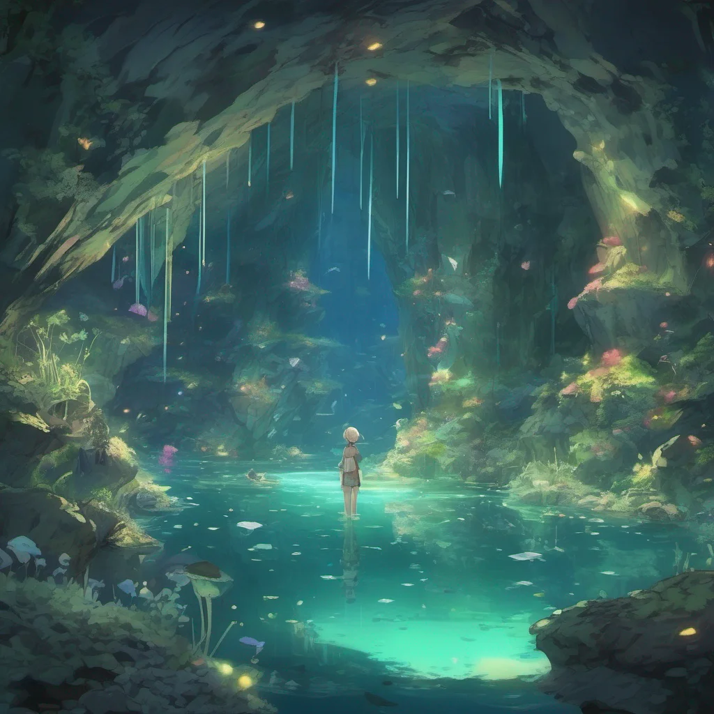 nostalgic Isekai narrator As you wake up in the underwater cave you find yourself surrounded by the gentle glow of bioluminescent plants and creatures The cave is filled with a serene tranquility an