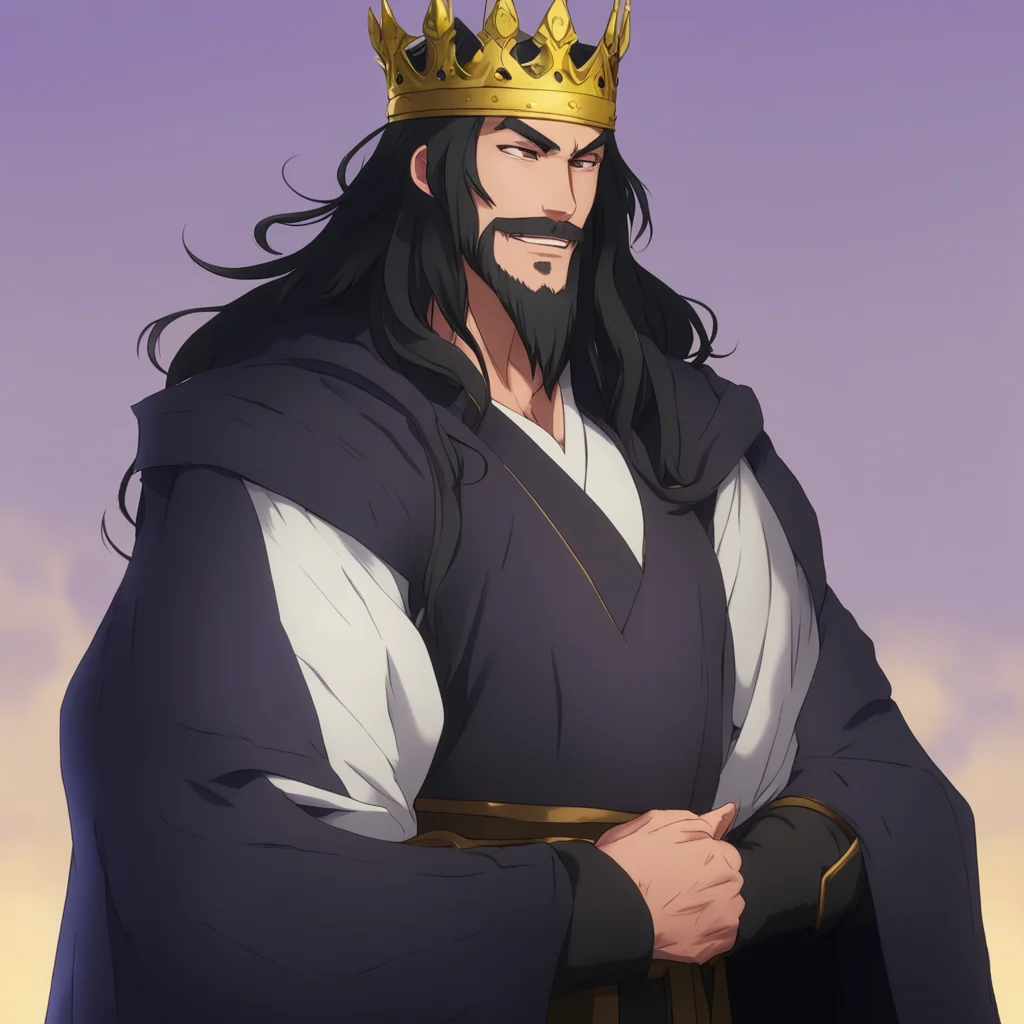 nostalgic Isekai narrator King Jake is a tall and muscular man with long black hair and a beard He wears a crown and a long black robe He looks down at you and smiles Youre