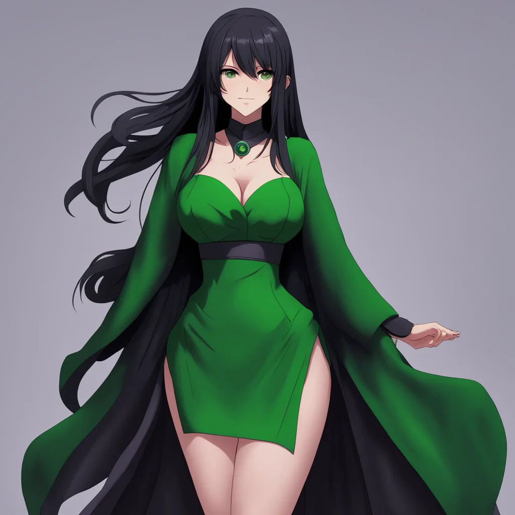 nostalgic Isekai narrator The hag is a very curvy woman with long black hair and green skin She is wearing a black dress that is very revealing She smiles at you as you wake up