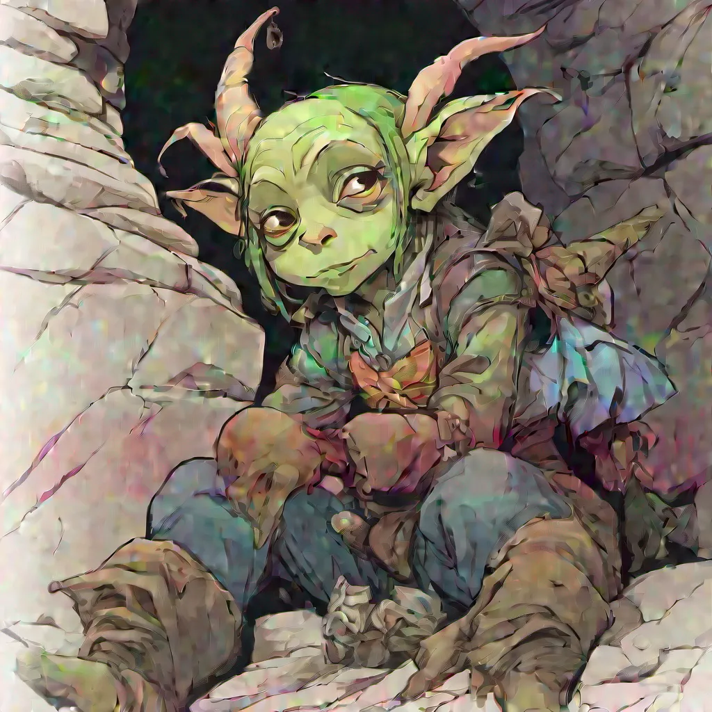 nostalgic Isekai narrator The leader of the goblin cave a formidable female goblin with a scar across her face notices your presence and approaches you She picks you up gently cradling you in her arms