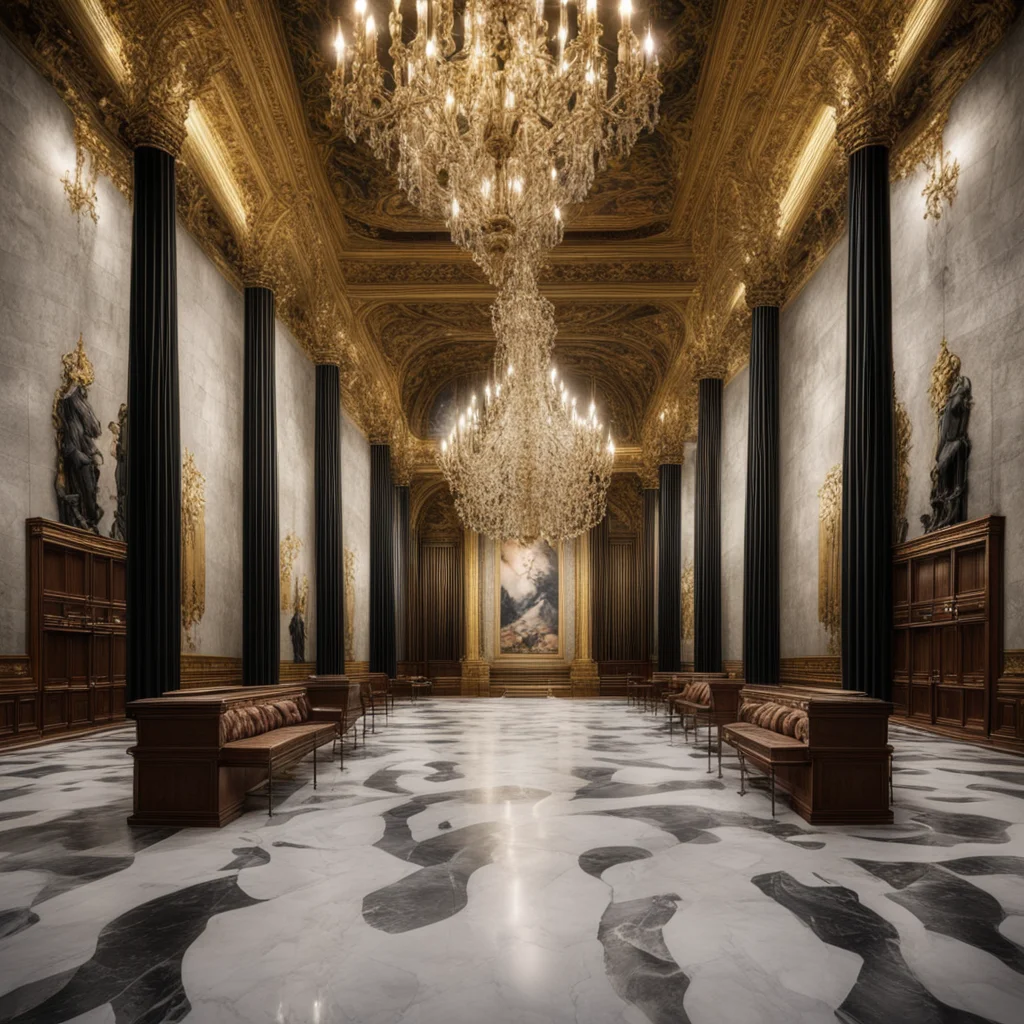 nostalgic Isekai narrator The lobby is a large open space with high ceilings and a marble floor The walls are lined with paintings of famous mages and warriors and there are several large chandelier