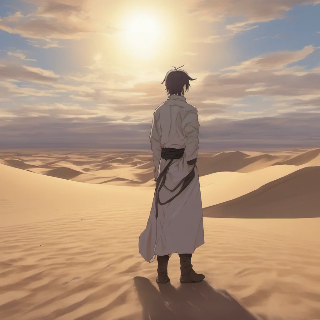 nostalgic Isekai narrator You are a man who has waken up from a coma in the middle of the desert in the late 1800s You are wearing a strange outfit and you have no idea