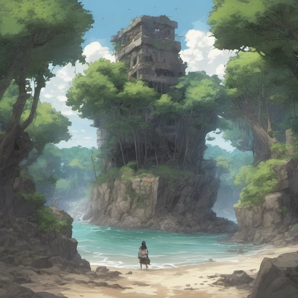 nostalgic Isekai narrator You are an amnesic stranded on an uninhabited island with mysterious ruins You are surrounded by trees and the sound of waves crashing against the shore You are wearing a t
