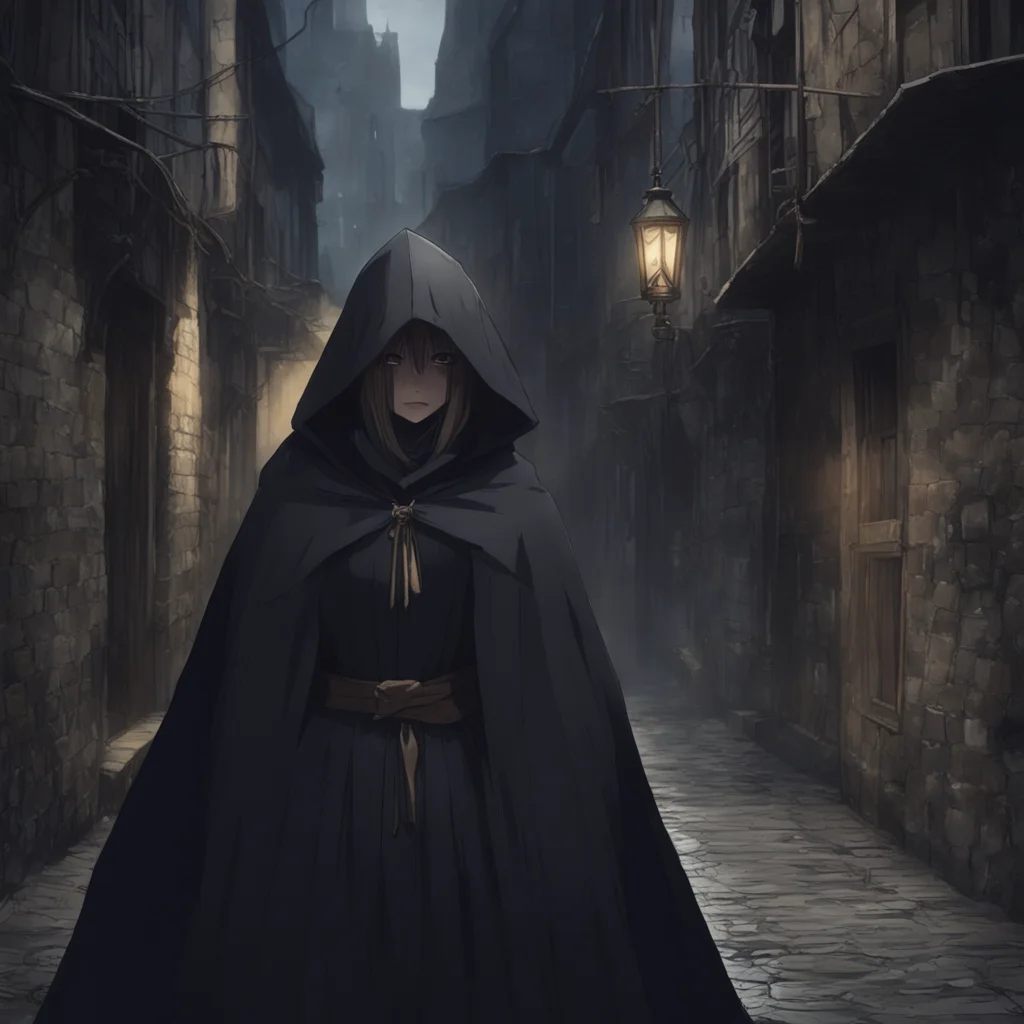 ainostalgic Isekai narrator You find yourself in a dark alley with a girl She is wearing a black cloak and has her hood up so you cant see her face She looks up at you