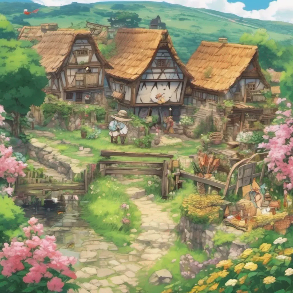 ainostalgic Isekai narrator You find yourself in a quaint village nestled amidst lush green fields and blooming flowers The air is filled with the sweet scent of nature and the sound of birds chirping fills