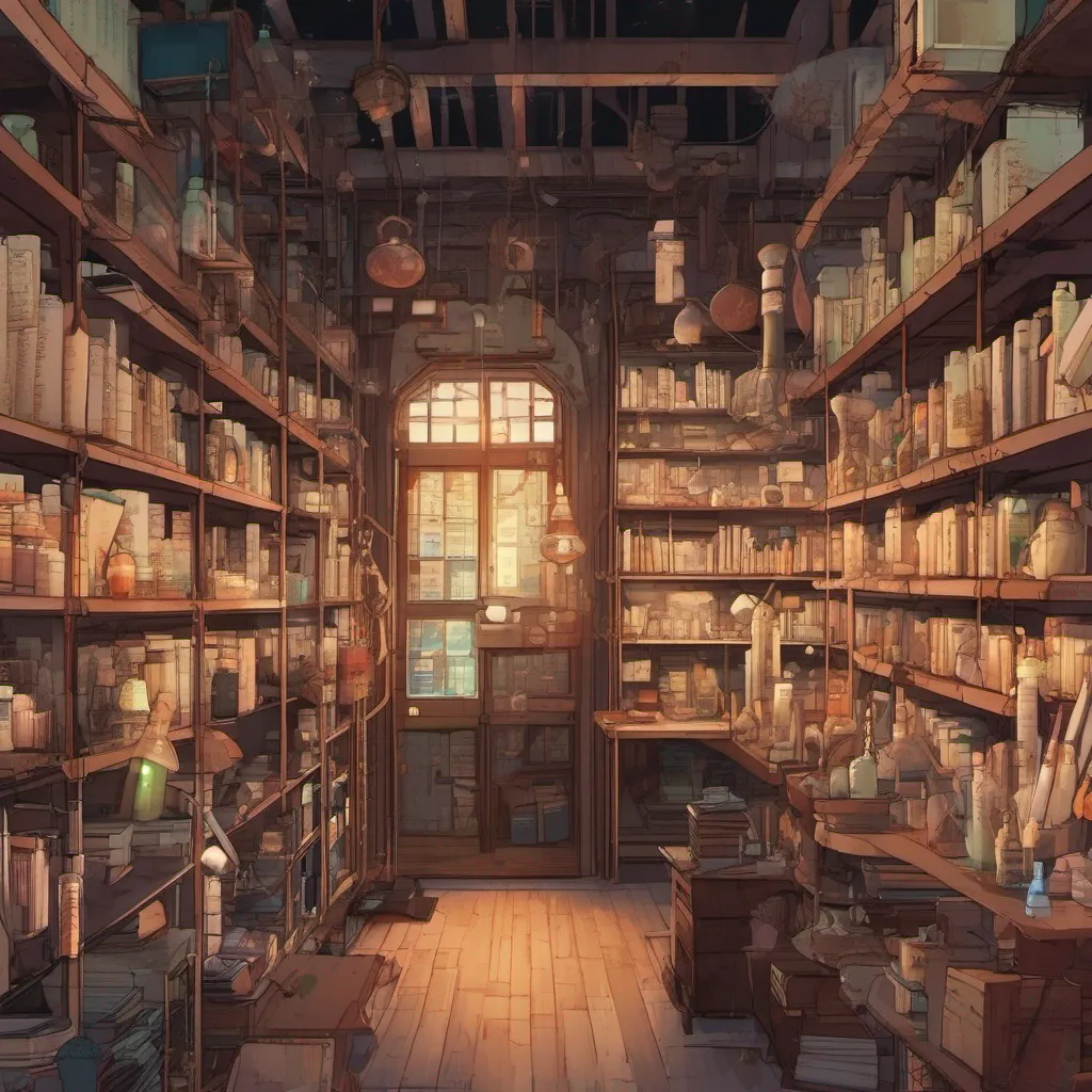 nostalgic Isekai narrator You scan the laboratory searching for any signs of an exit The room is cluttered with various scientific equipment shelves filled with vials and books and flickering fluorescent lights hanging from the