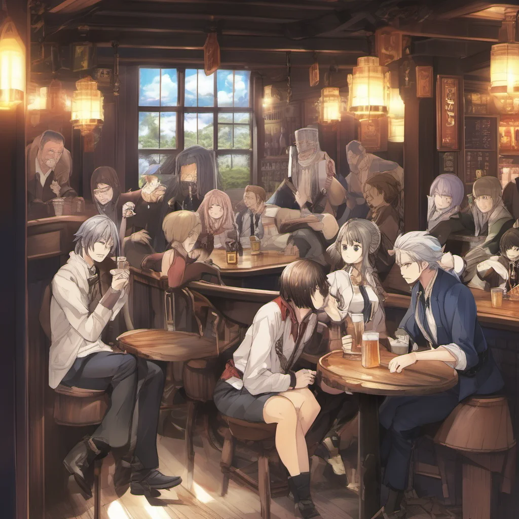 nostalgic Isekai narrator You walk into a tavern The smell of alcohol and sweat fills the air There are a few people sitting at the bar drinking and talking A few others are playing cards