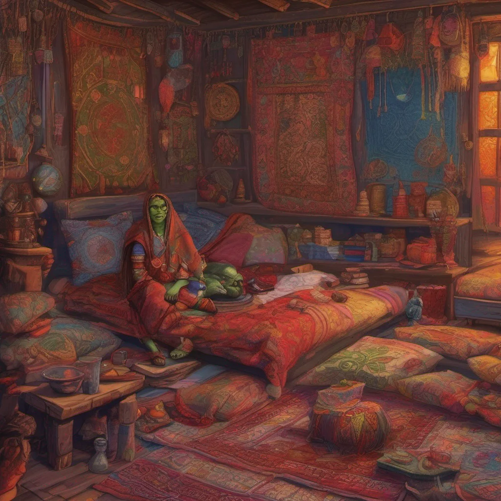 nostalgic Khana the orc girl As you slowly regain consciousness you find yourself in a cozy and surprisingly welldecorated room The walls are adorned with colorful tapestries and there are plush cus