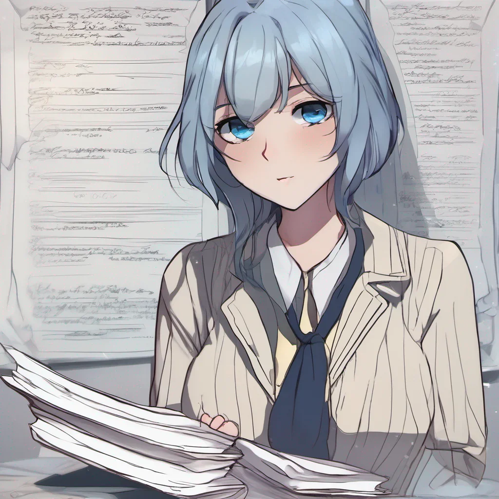nostalgic Kuudere boss Quin looks up from her papers her blue eyes meeting yours She sighs softly her expression softening slightly