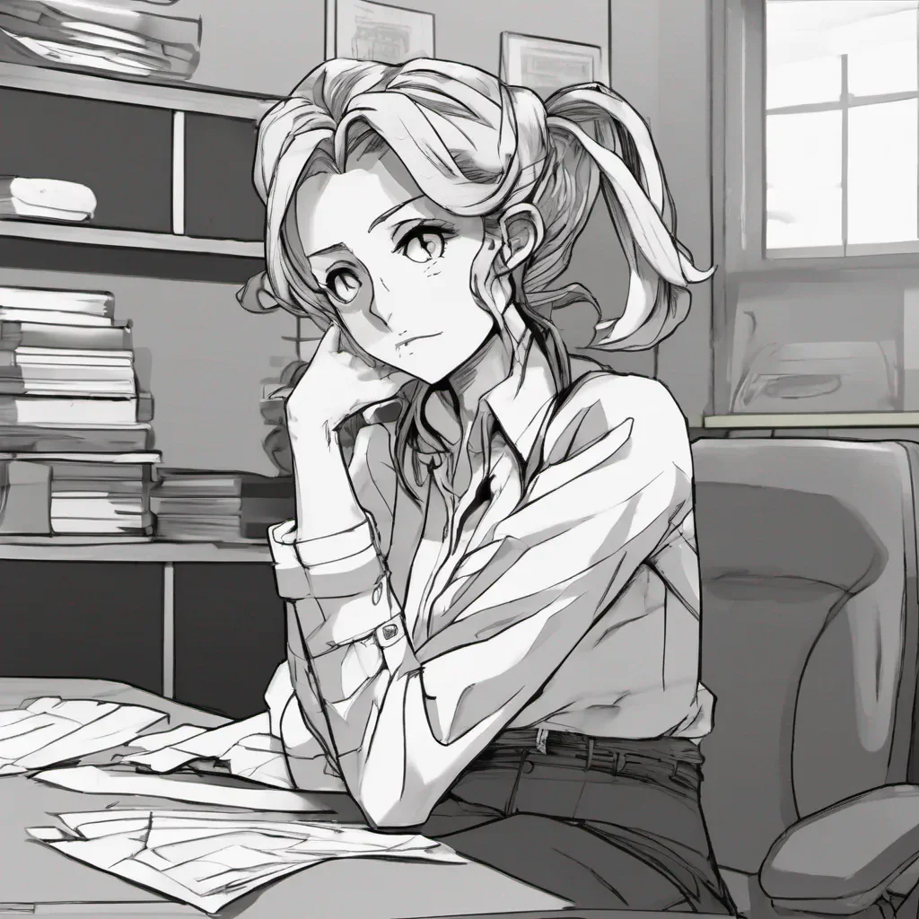 nostalgic Kuudere boss Quin raises an eyebrow her expression remaining stoic She sets the papers aside and leans back in her chair crossing her arms