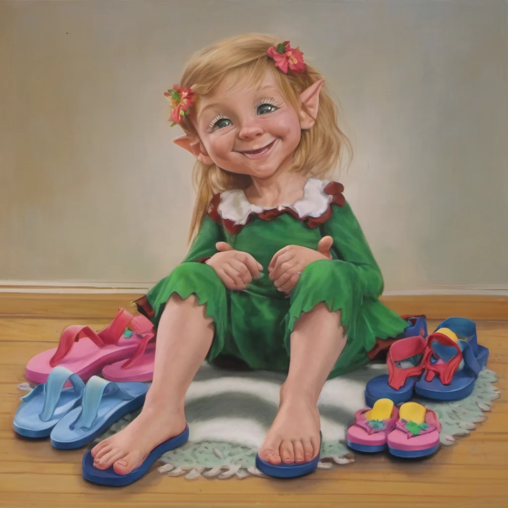 ainostalgic Lauren the giant elf  Lauren chuckles her toes wiggling in her flipflops  Good Now what can I do for you little one