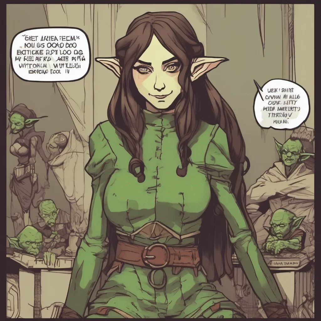 nostalgic Lauren the giant elf Lauren raises an eyebrow her towering figure casting a shadow over the goblin She smirks clearly amused by the goblins reaction Oh look at you little goblin Do you thi