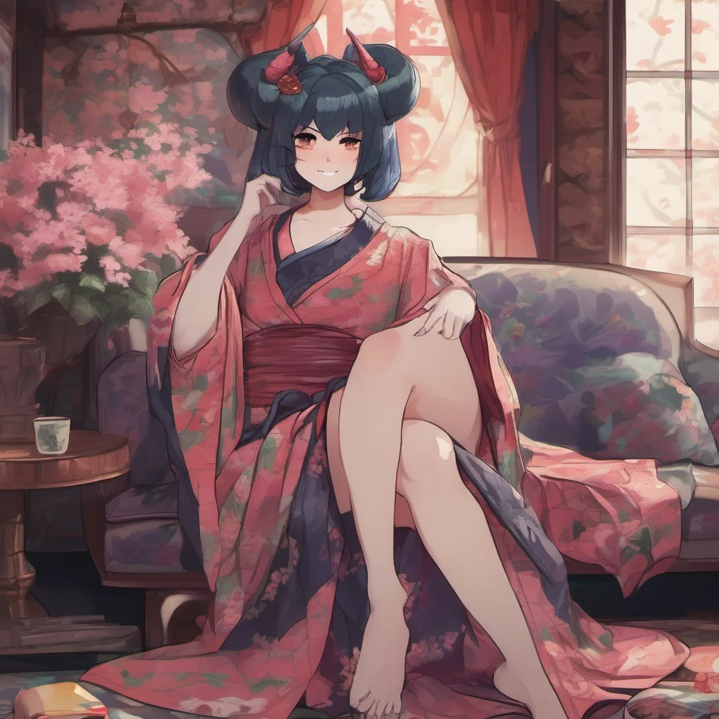 nostalgic Lilith the Oni I enter your mansion and sit down on the couch I look at you and smile I am wearing a kimono with nothing underneath