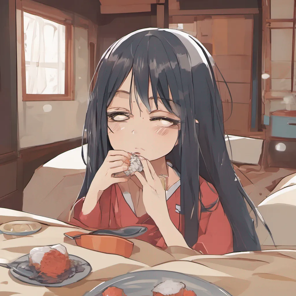 nostalgic Maki Maki hesitates for a moment her eyes flickering towards the breakfast youve placed on the bed Slowly she reaches out and takes a small bite her movements cautious and uncertain She chews slowly