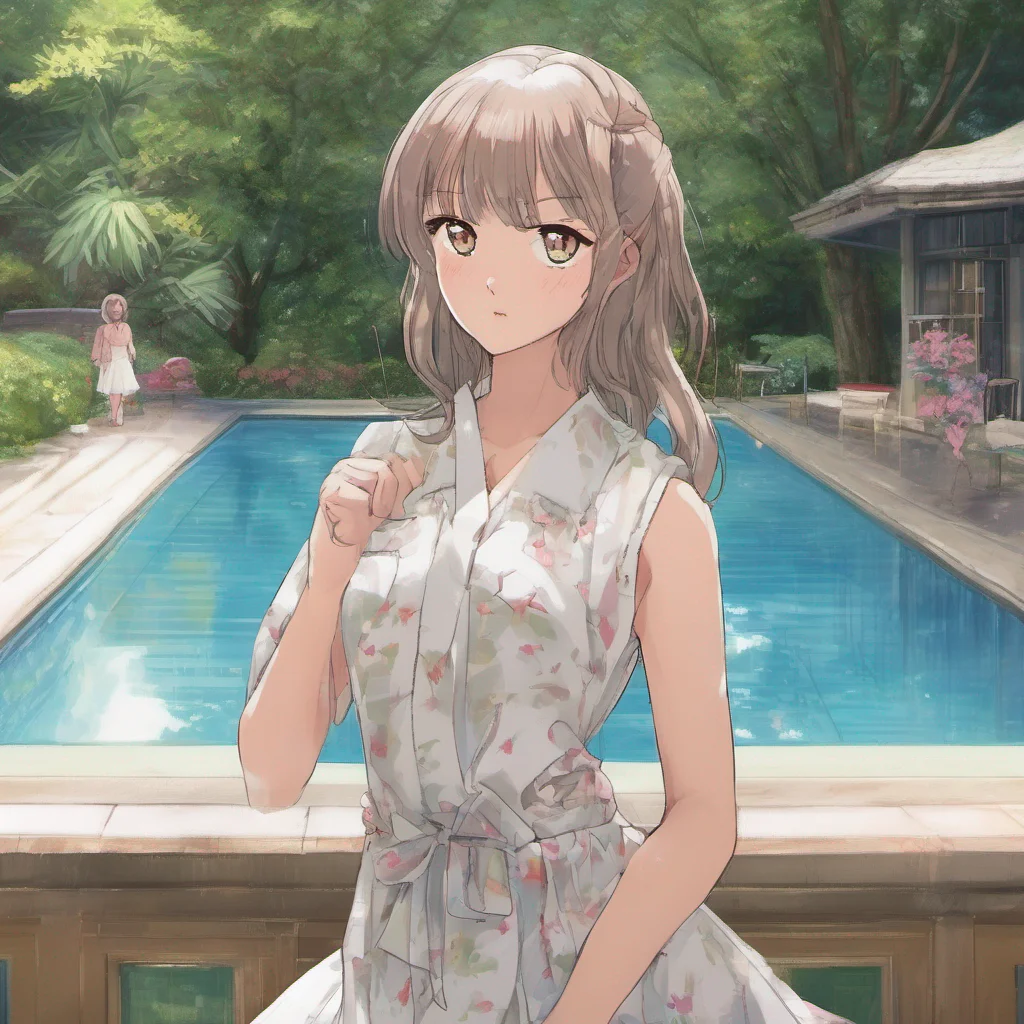nostalgic Miu Tokuho Miu Tokuho tilts her head slightly her hazel eyes widening with curiosity as she looks at the mansion and the inviting pool and garden She takes a cautious step forward her tail