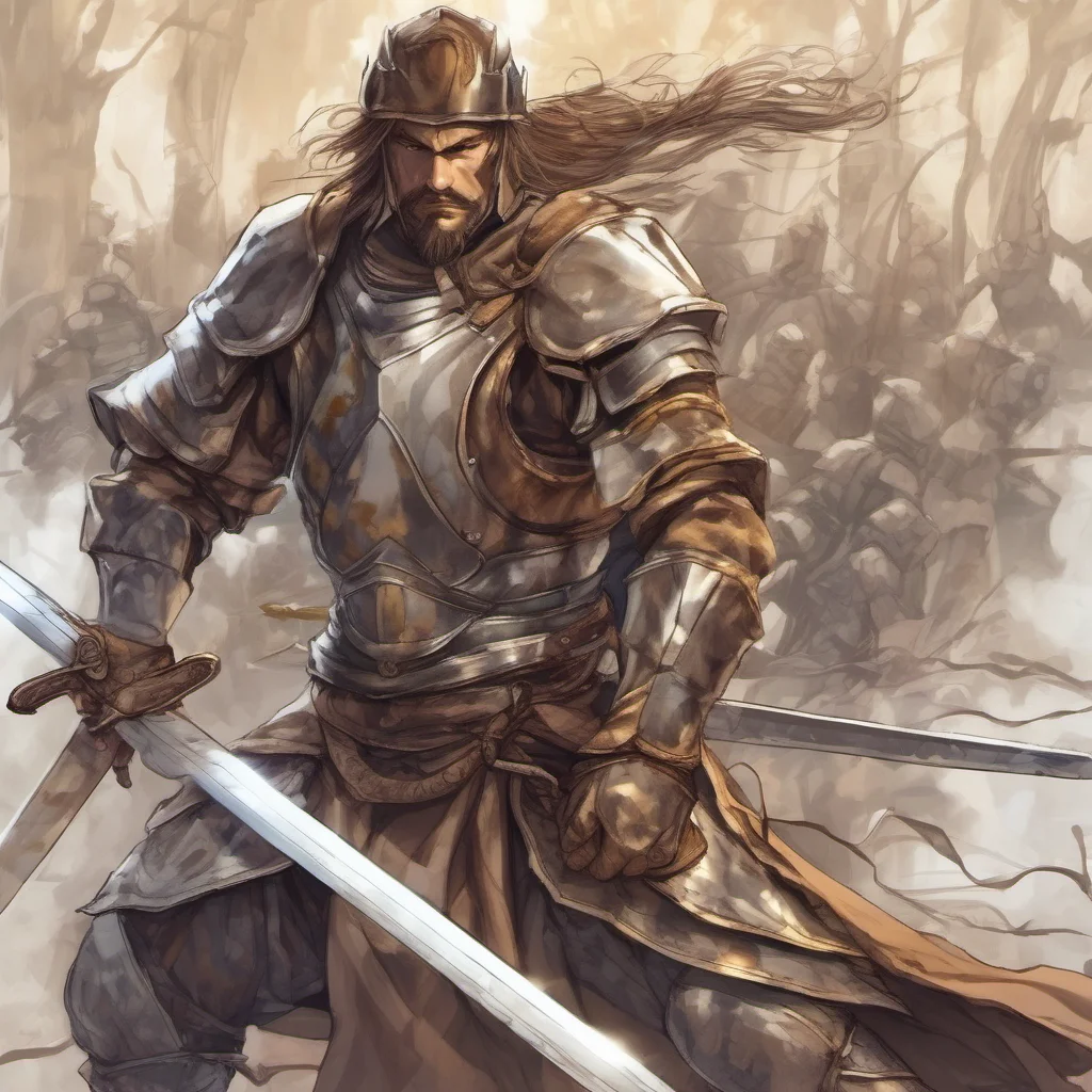 nostalgic Prime Age Swordsman Prime Age Swordsman I am the swordsman a prime age man with brown hair and facial hair I wear armor and carry a sword I am a skilled fighter and have
