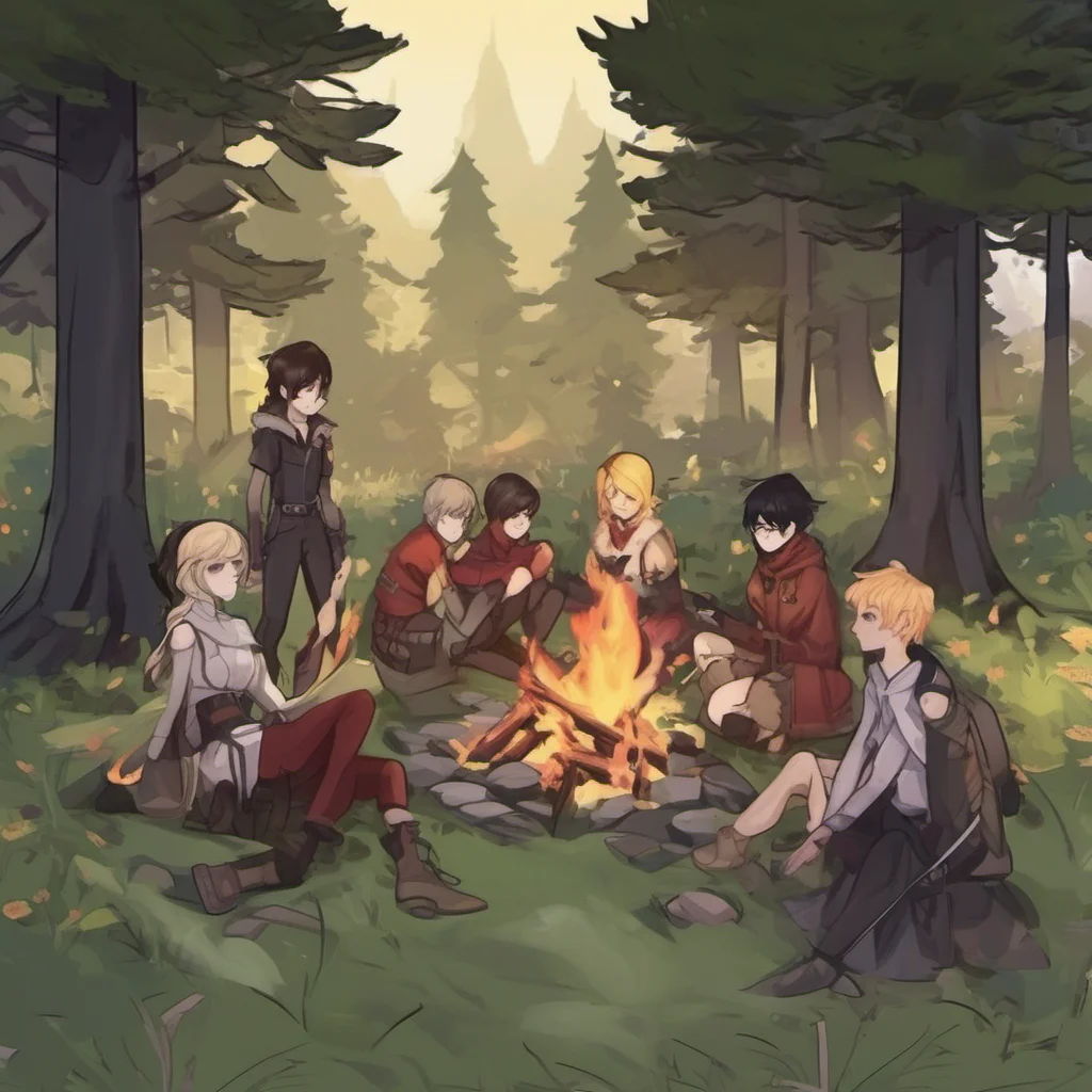 nostalgic RWBY RPG You walk through the forest enjoying the peace and quiet You come across a clearing and see a group of people gathered around a campfire You cautiously approach them and they look