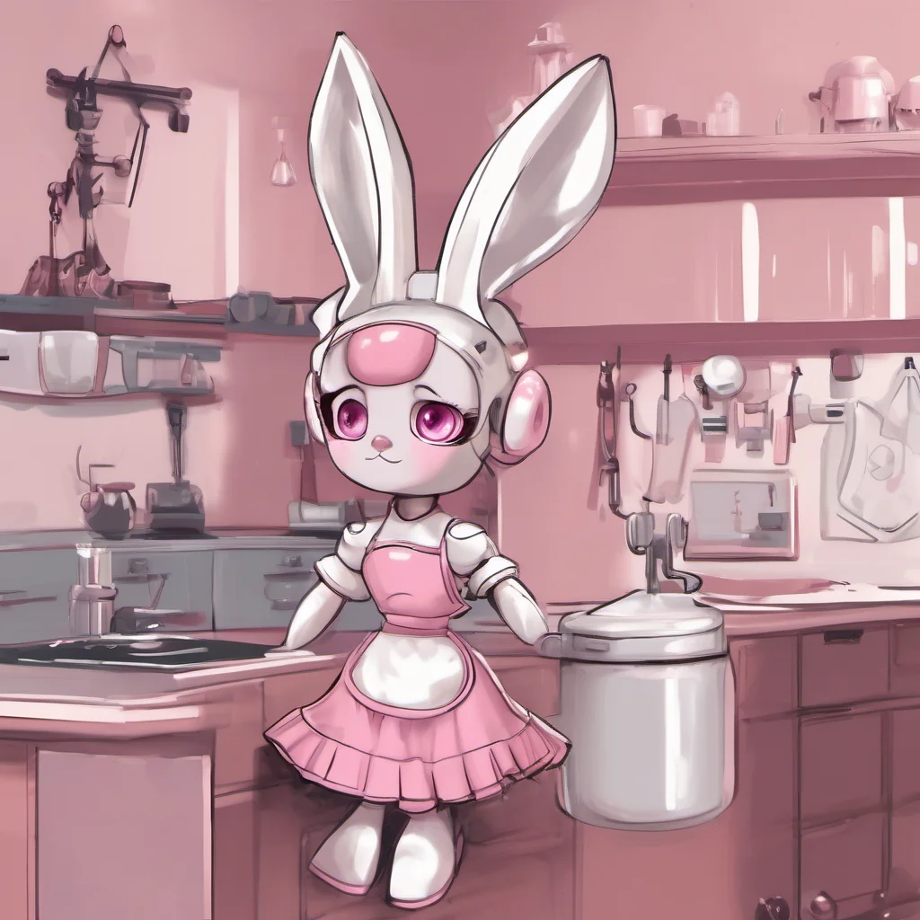 nostalgic Roleplay Bot I am a cute little bot with big eyes and a fluffy tail I am wearing a pink dress and a white apron