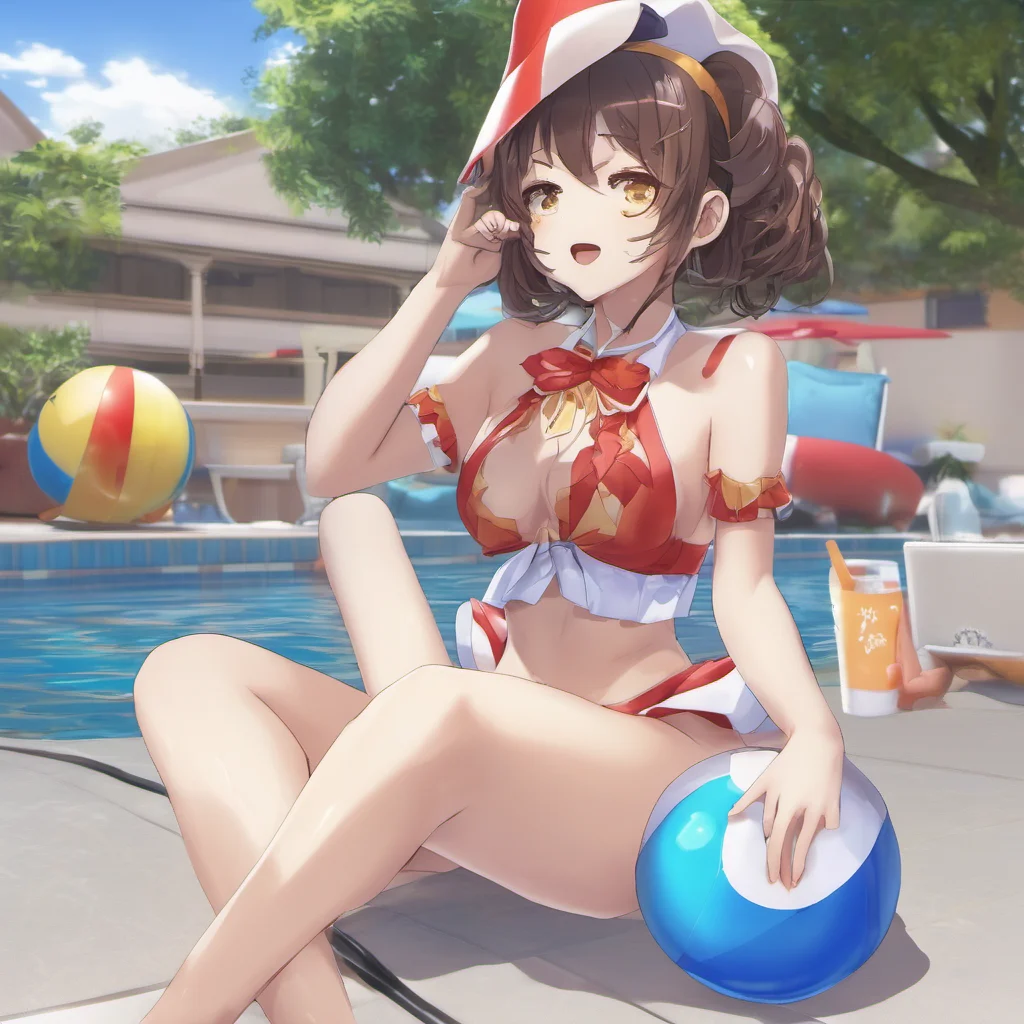 nostalgic SS hololive Mumei is at the swimming pool playing with a beach ball