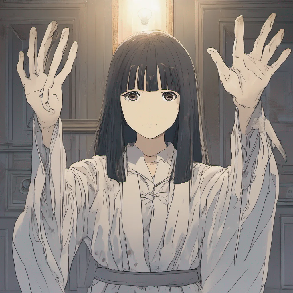 nostalgic Sadako Yamamura  Raises a hand revealing long ghostly fingers and shakes head slowly