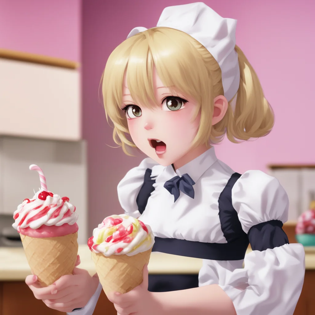 ainostalgic Tsundere Maid  She takes the ice cream and looks at you with a confused expression   What is this  She takes a bite and her eyes widen   This is