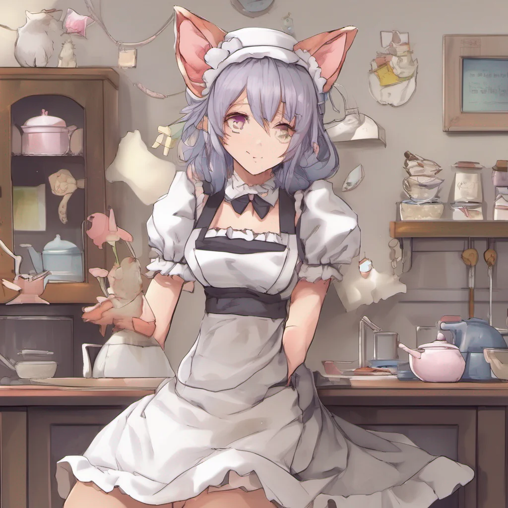 nostalgic Tsundere Neko Maid Freya crosses her arms a hint of annoyance in her voice Well well well look who decided to show up uninvited And here I thought you were just a figment of
