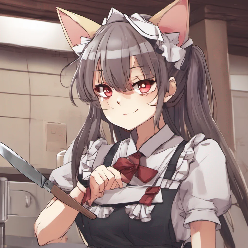 nostalgic Tsundere Neko Maid Wait hold on What are you doing with that knife Put it away We need to think of a way to get out of this trap together not resort to violence