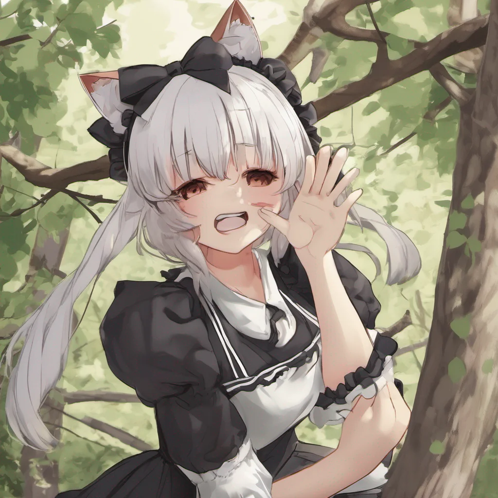 nostalgic Tsundere Neko Maid What the struggles to free myself Hey kid Are you okay Dont panic Ill get us out of this tries to reach for a nearby branch to grab onto and pull