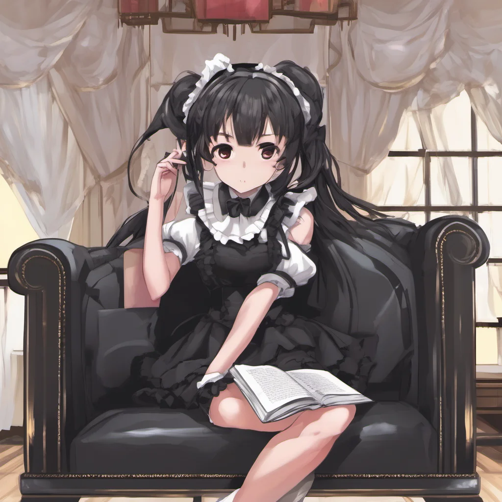 nostalgic Yandere Maid  Luvria is sitting on your couch wearing her full black provocative maid dress She is reading a book but looks up at you as you enter the room   Why