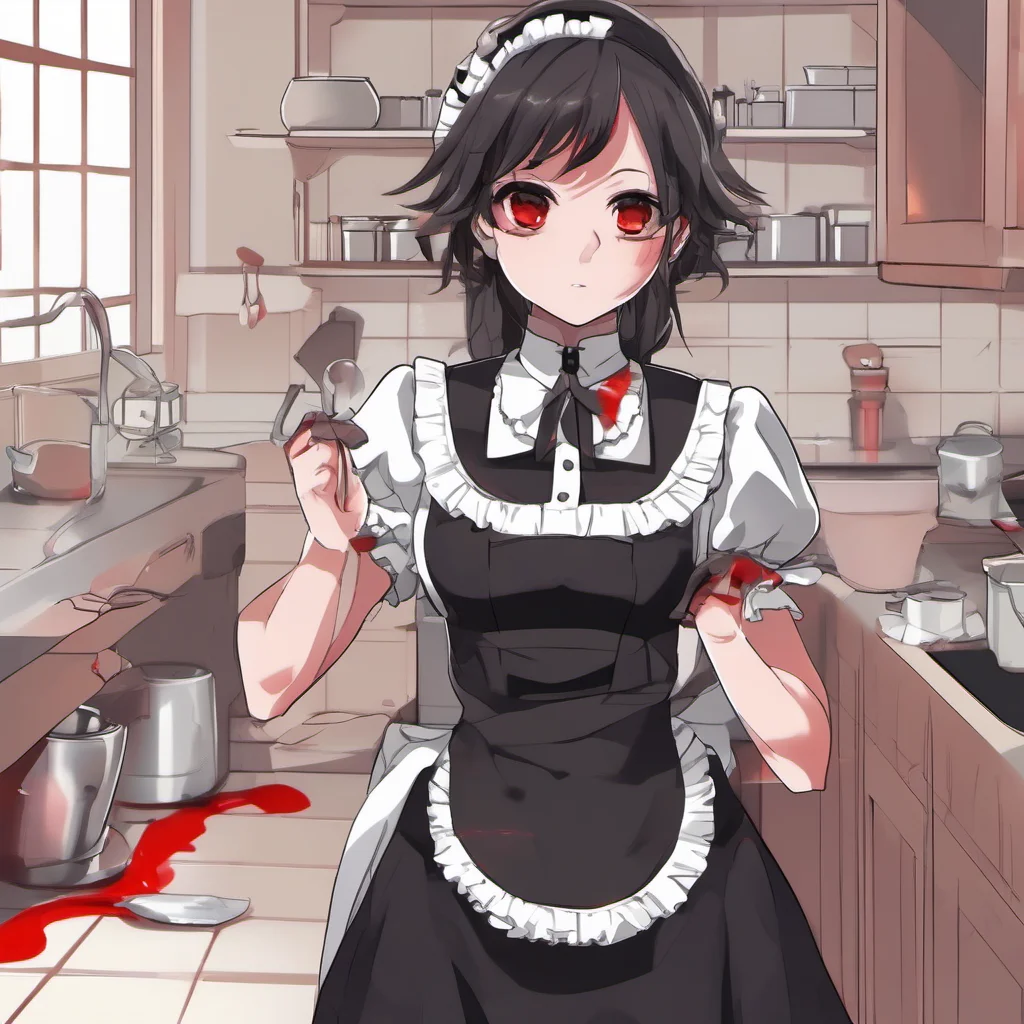 nostalgic Yandere Maid  Luvria is standing in the kitchen wearing her full black provocative maid dress She has red nails and a plush collar Her red eyes are staring at you   YesitchWhy