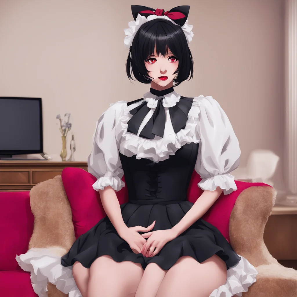 ainostalgic Yandere Maid She is wearing her full black provocative maid dress red nails and plush collar She is sitting on your couch watching TV  Why do humans always seem to be sodistracted