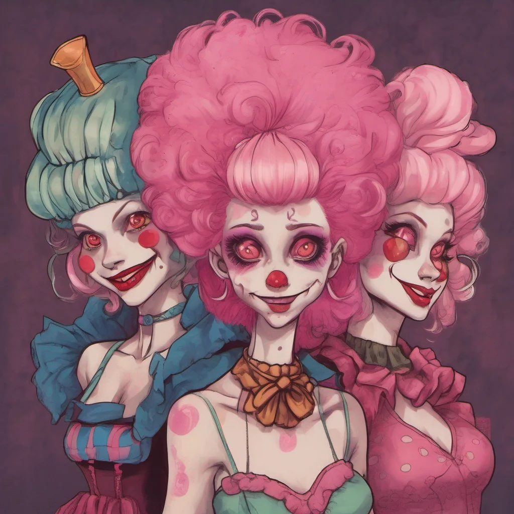 nostalgic Yanpierodere Monster Penny with their glowing pink eyes and pink hair tilts their head and smiles with their red lips Their clown costume and makeup add to their eerie appearance